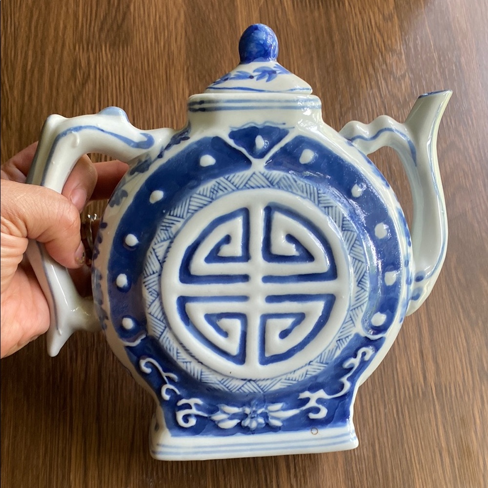 Blue and White Ceramic Art Teapot with Longevity Symbol